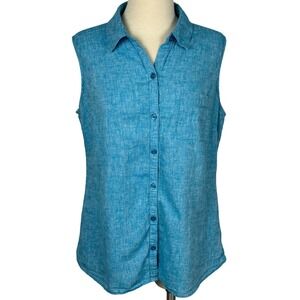Kim Rogers Womens Medium Blue Linen Cotton Sleeveless Button Down Shirt Top